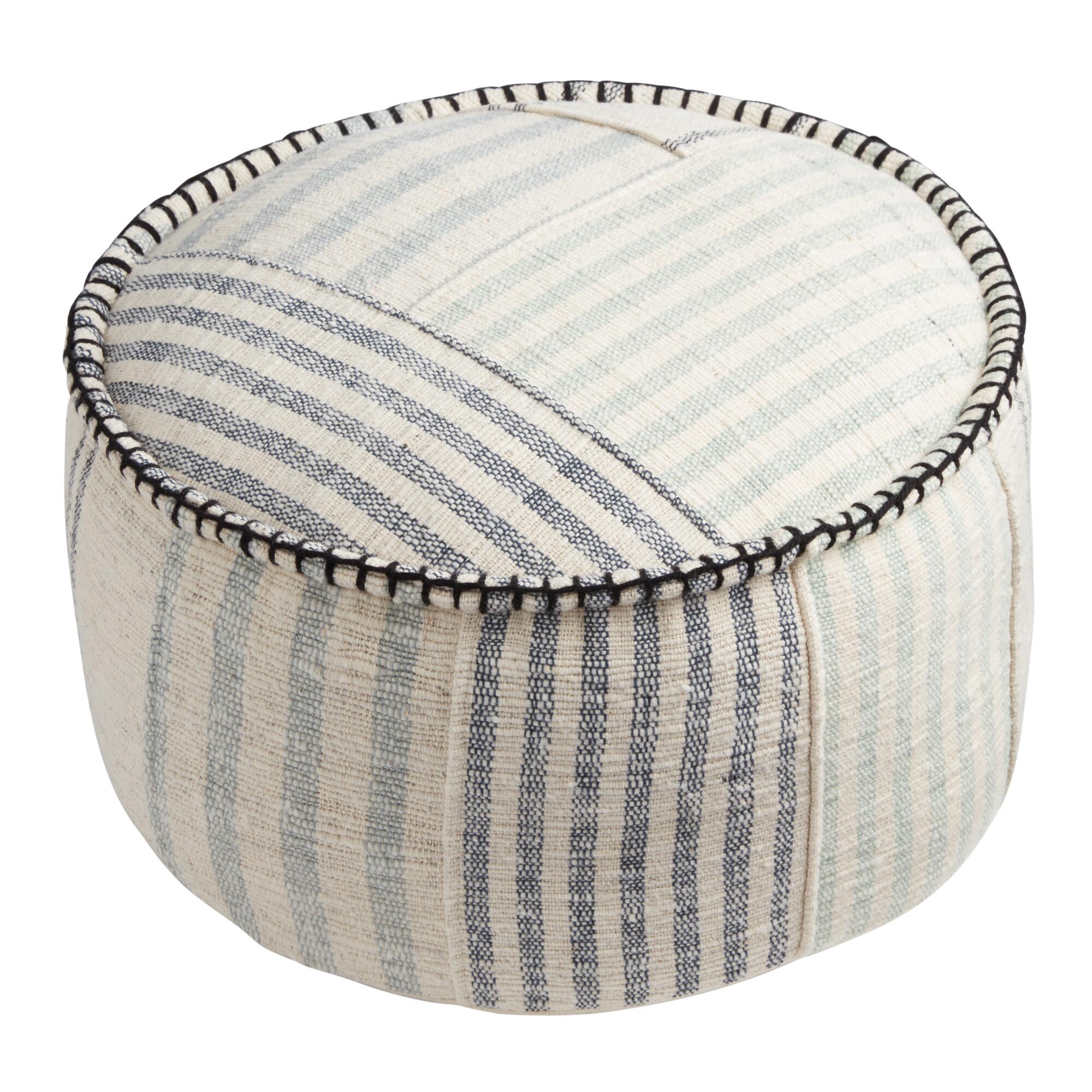 Ivory and Blue Stripe Farmhouse Pouf by World Market