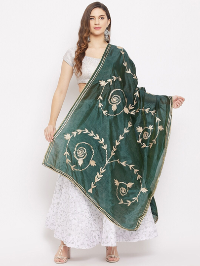 Women's Silk Blend Green & Gold-Toned Ethnic Motifs Embroidered Dupatta With Gotta Patti Free Shipping