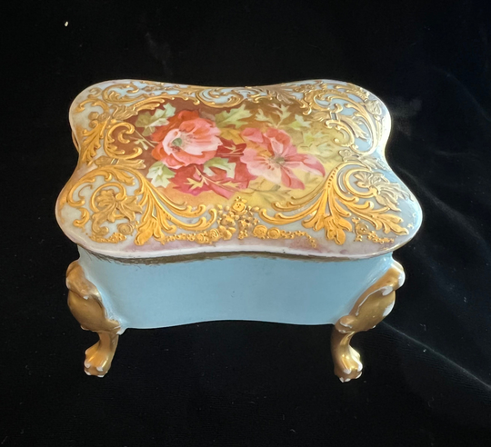 Antique T & V Limoges Hand Painted Peonies Gilded Blue Porcelain Trinket Box