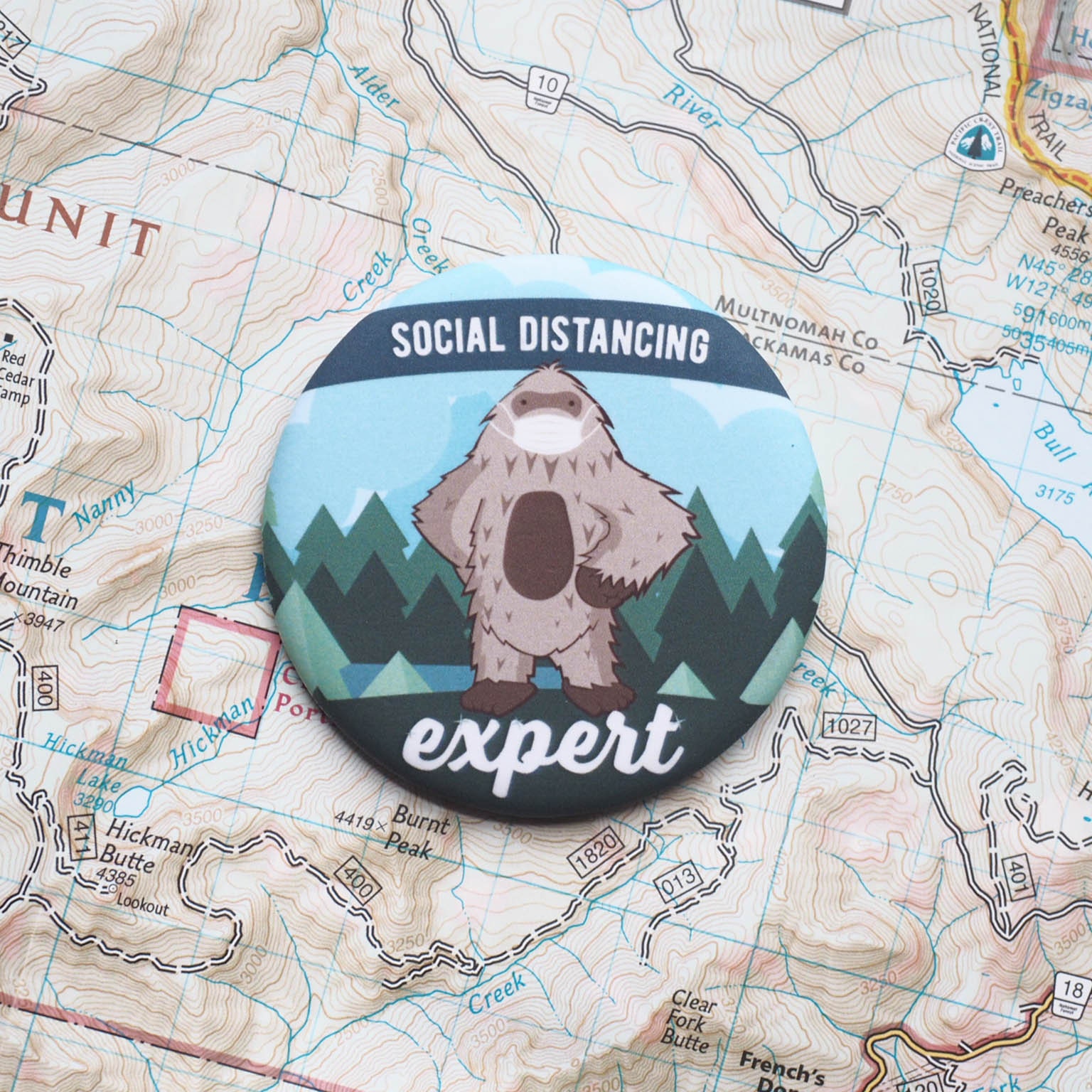 Social Distancing Bigfoot Button Pin - Round Sasquatch 2.25 Cute Cryptid With Funny Quote | Backpack Pinback