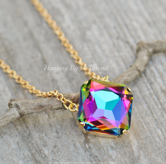 Limited Watermelon Rainbow Necklace, Large Cushion Square Cut Crystal Jewel, Rainbow Pendant, Long Gold Necklace, Statement, Layering