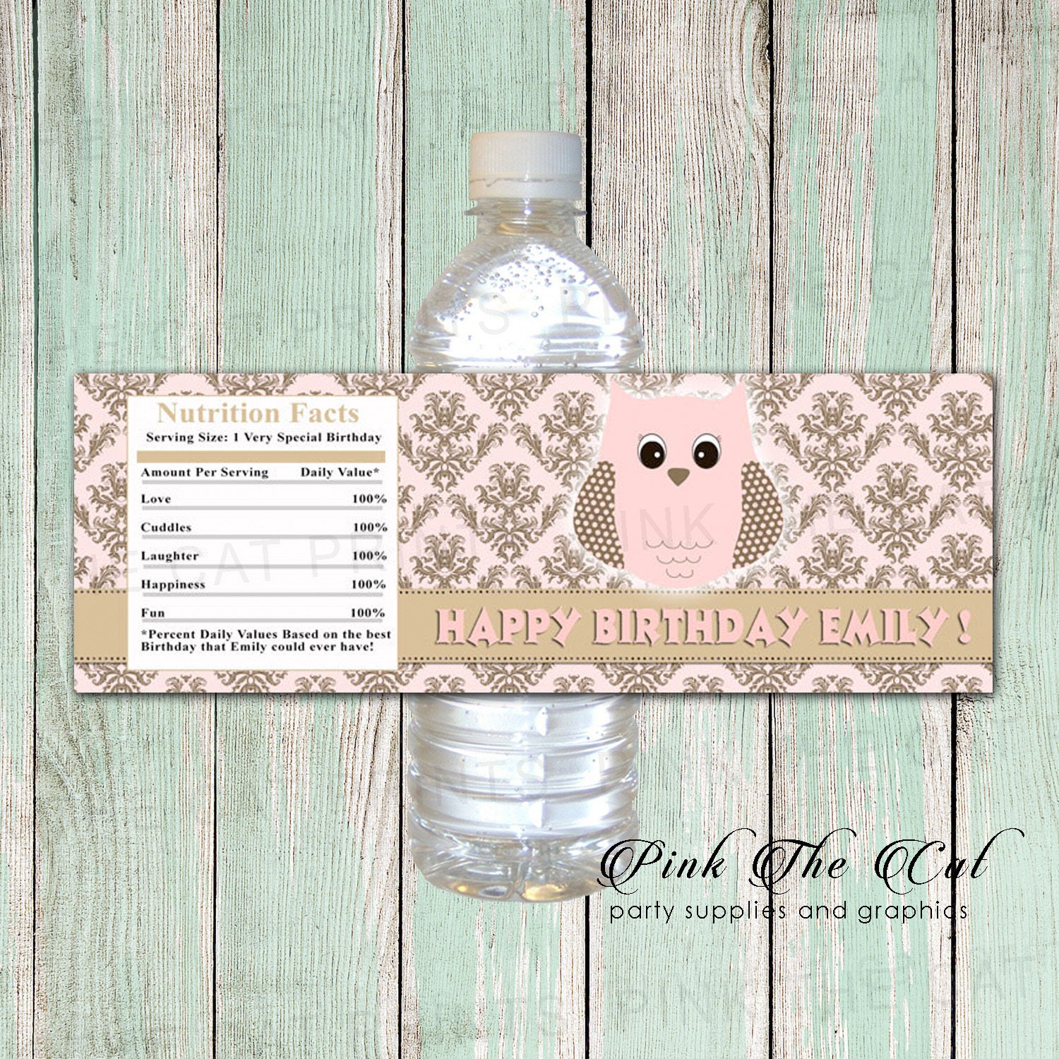 Owl Water Bottle Labels, Pink Gold Printable Birthday Party Favor Labels Stickers Damask Blush