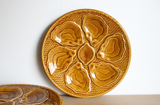Set Of 2 Vintage 60S Oyster & Seafood Serving Plates, Amber Color Glazed Ceramic - Sets Available