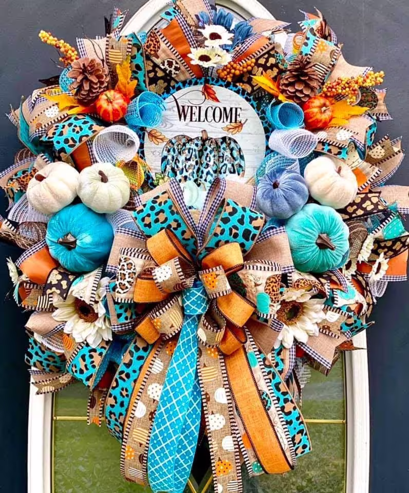 Fall Wreath, Front Door Autumn Pumpkin Decor, Home Turquoise Cream & Orange Decor