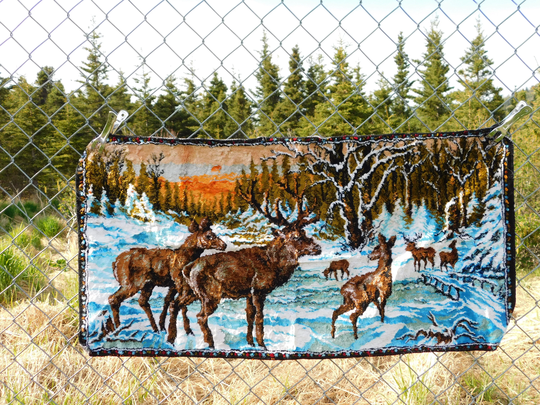 Vtg 70S Winter Elk Deer Tapestry Rug Wall Hanging Fabric Mountain Rams 18 X 36" Man Cave Italy Made