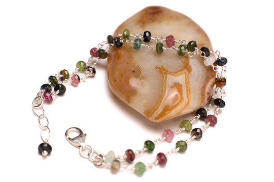 Watermelon Tourmaline Silver Wire Wrapped Faceted Large 5mm Rondelle 2 Line Bracelet in 925 Sterling Silver Clasp & Extension, Gift For Her