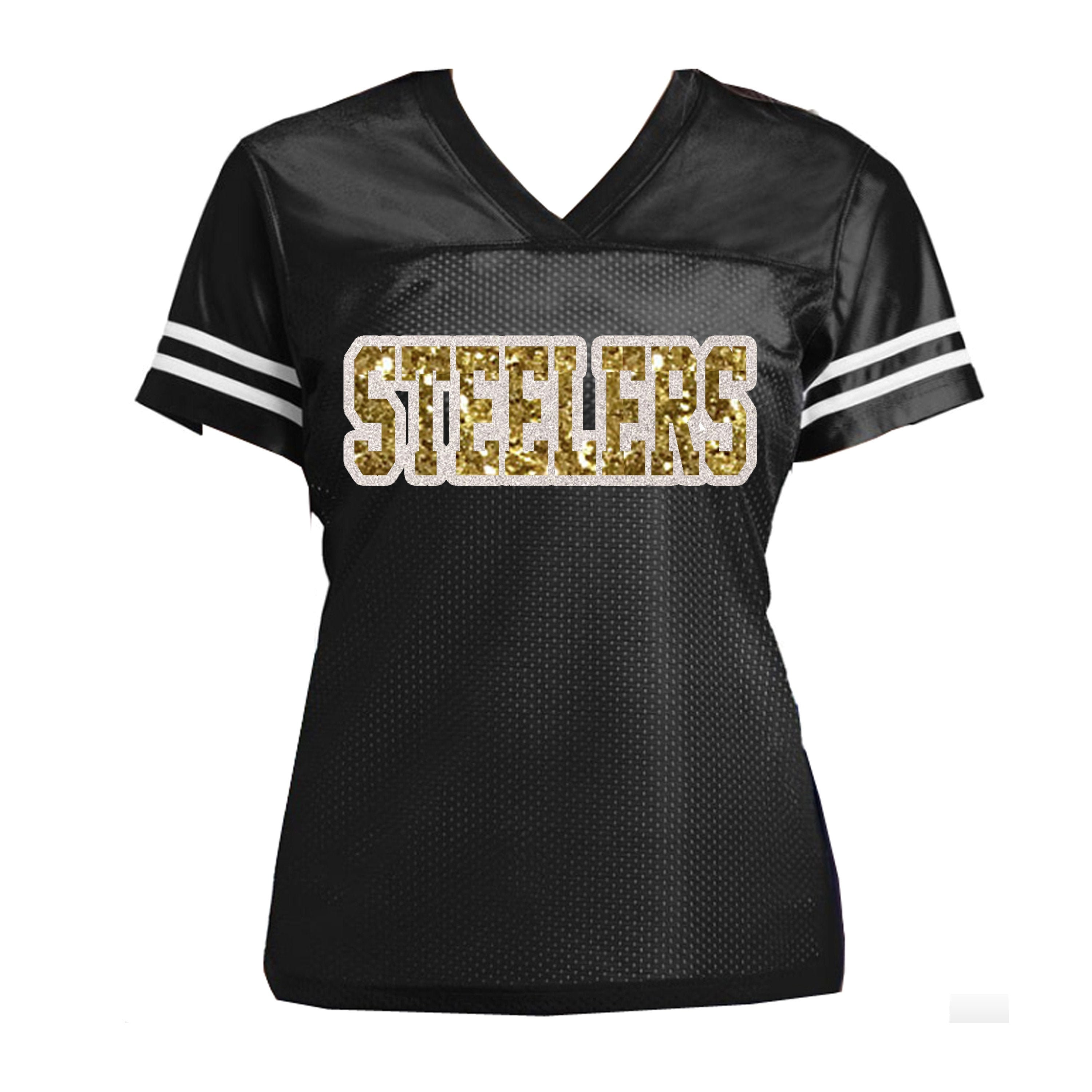 steelers Glitter Jersey, Choose Your Football Team, Women Bling Shirt, Black, White & Gold