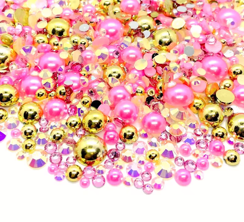 Golden Princess Blend Rhinestone Mix 2mm-10mm Flatback Jelly Resin | Faux Pearls Rhinestones Mixed Sizes Gold Pink