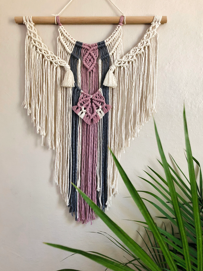 Macrame Wall Hanging in Pink & Gray | Modern Medium Rose Pewter Multi Color