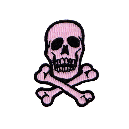 Skull Crossbones Patch 2 3/4" Black On Pink Biker Embroidered Iron Applique