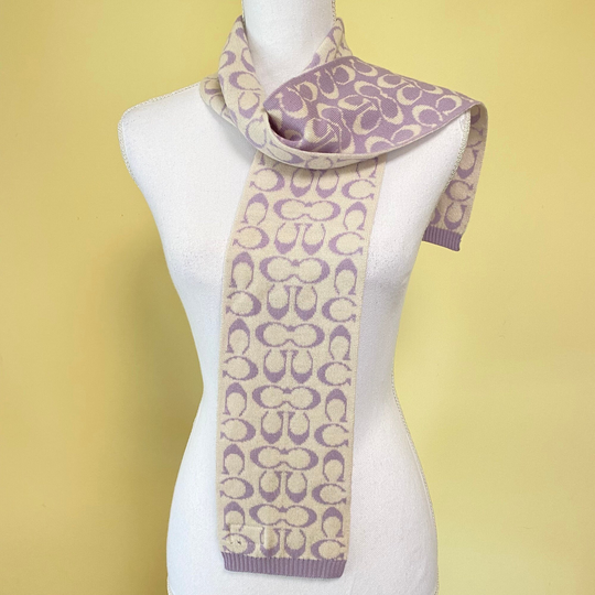M364 Coach Signature Logo Wool Blend Winter Scarf Lilac White