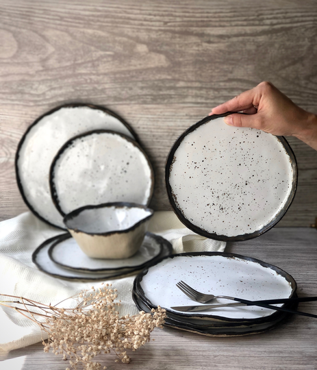 White & Black Rim Dinnerware Set, Stoneware Dinner Side Snack Plates Salad Pasta Soup Bowls, Serving Tableware Modern Ceramic Art By Manya