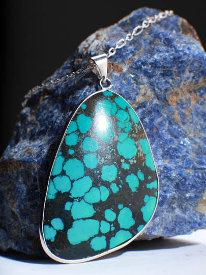 Genuine Aaa Tibetan Spiderweb Turquoise Cab Gemstone 925 Sterling Silver Bezel Pendant Vintage Jewelry, Option925 Chain, 38x58mm 18G