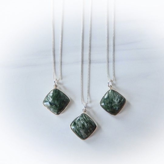 Seraphinite Gemstone Necklace, Genuine Seraphinite, Green, Sterling Pendant, Healing Crystal, Appeal, Gsa