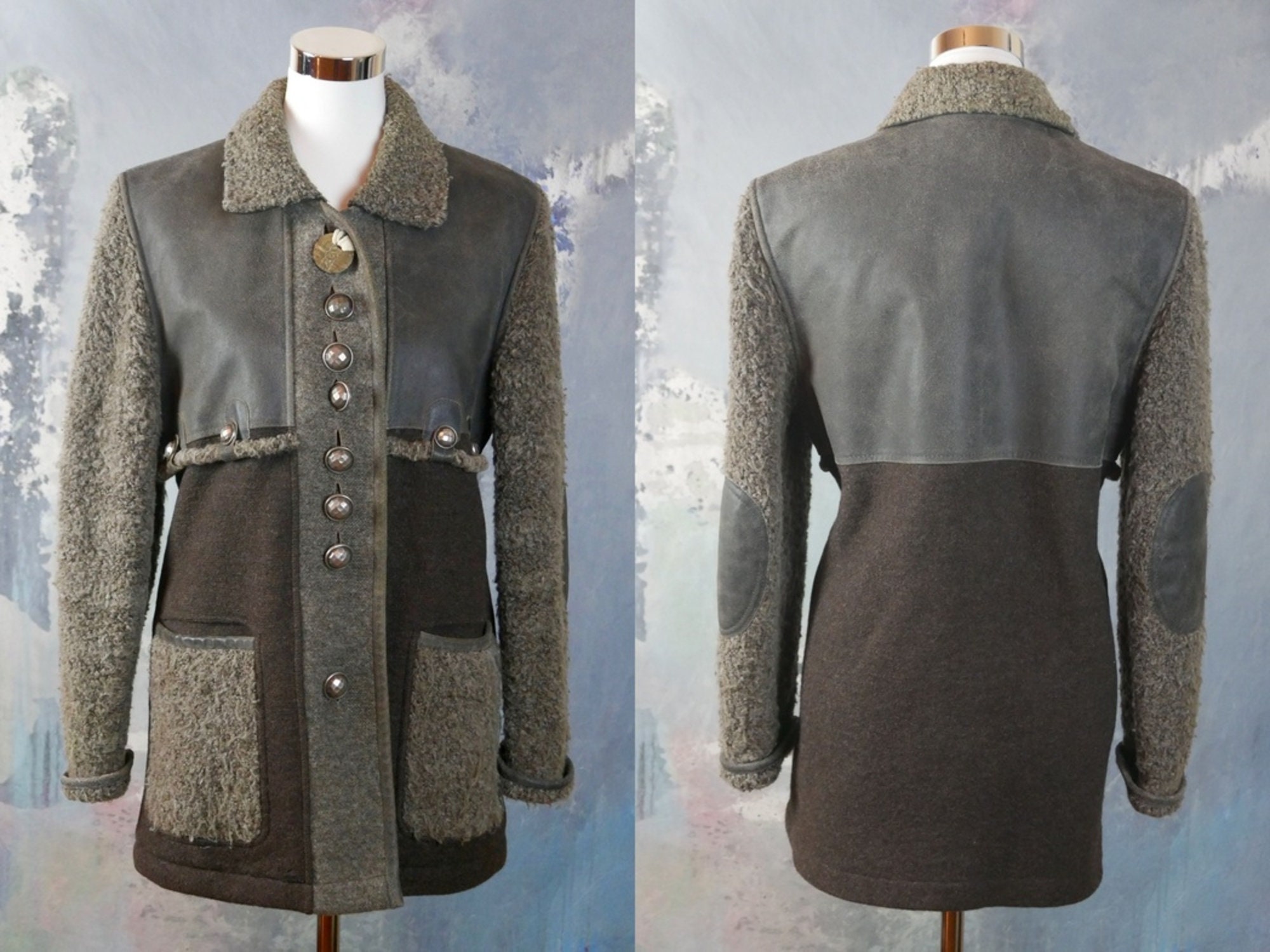 Gray Leather & Fleece Wool Jacket, 1990S Austrian Vintage Trachten Style Tyrol Jacket Size 12 Us, 16 Uk