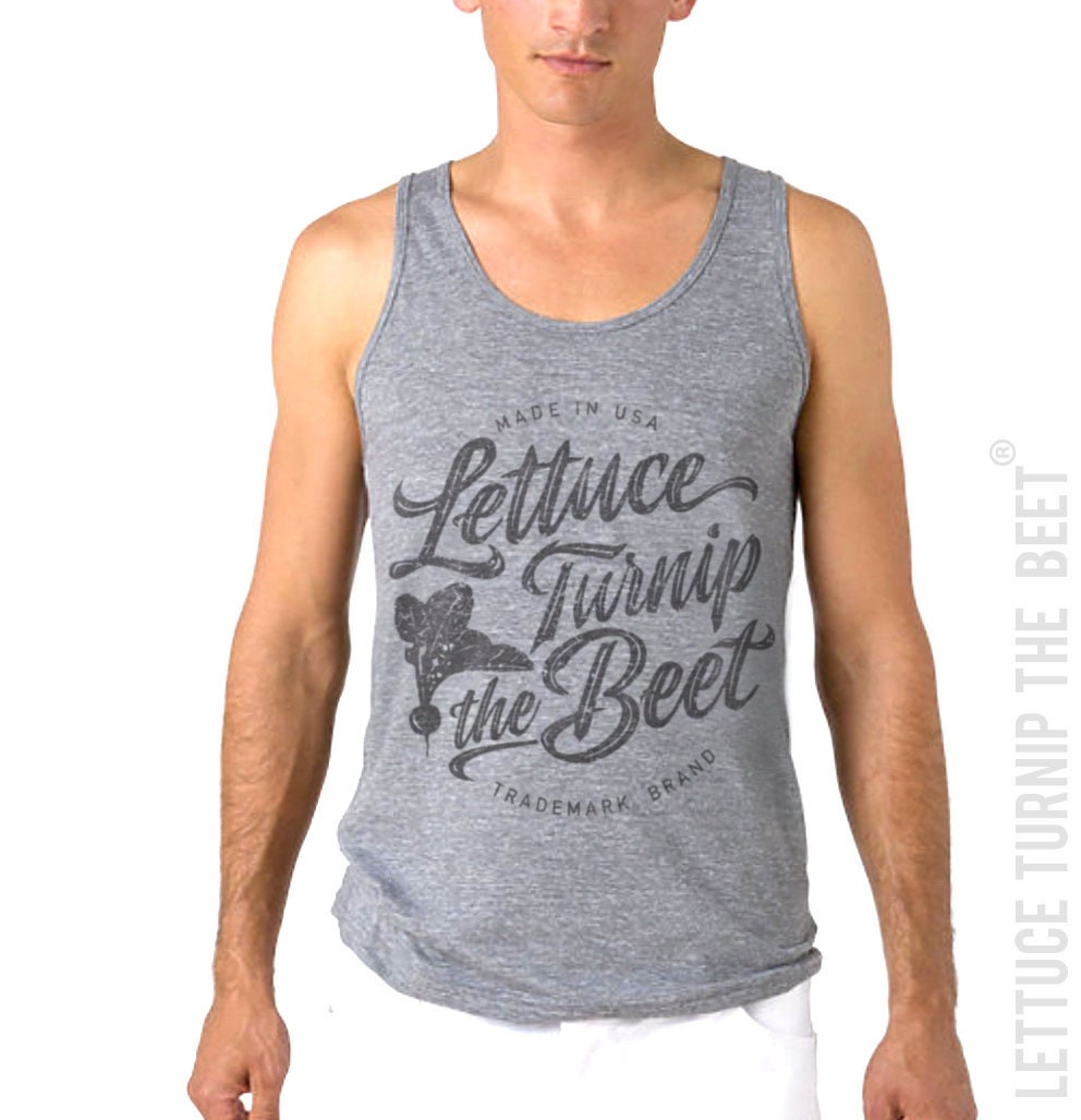 Lettuce Turnip The Beet Trademark Brand Official Site - Grey Tank Top With Distressed Cursive Logo Music Farmers Market Shirt Size Xs