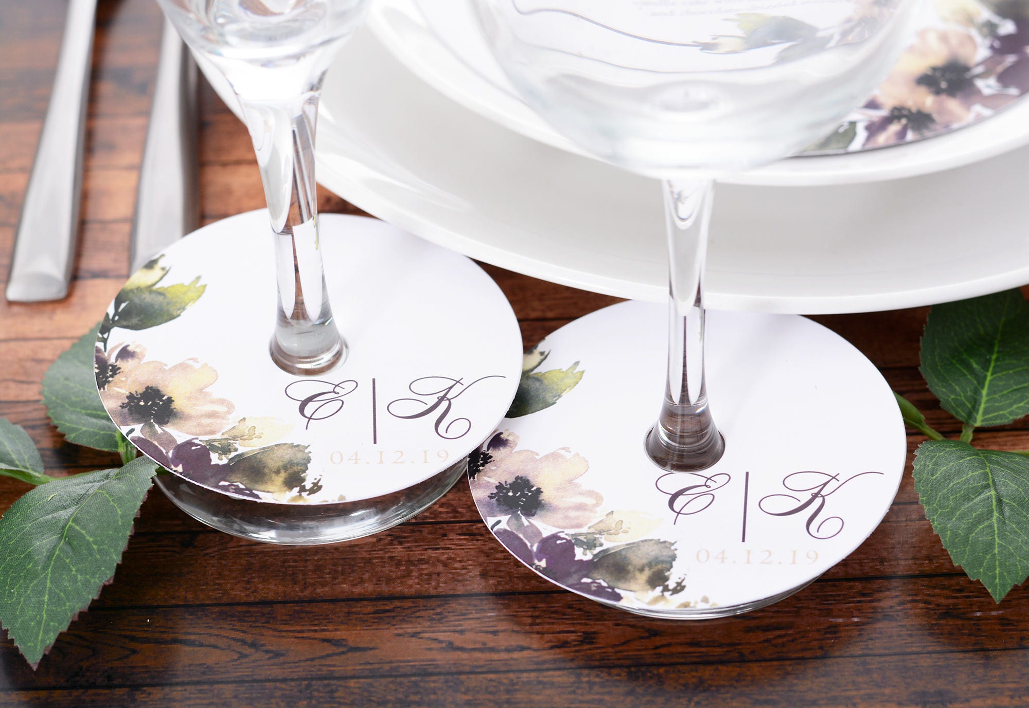 Wedding Wine Glass Tags - Champagne Tag Floral Markers Personalized Stem Circles Wdim-279