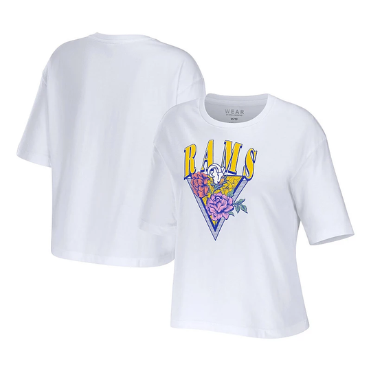 Women's WEAR by Erin Andrews White Los Angeles Rams Boxy Floral Cropped T-Shirt, Size: XS, LAR White