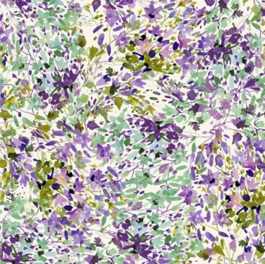 Rare - By The Continuous Half Yard Marcella By Sue Zipkin For Clothworks, #y2122-57 Watercolor Purple & Seafood Floral On Creamy White