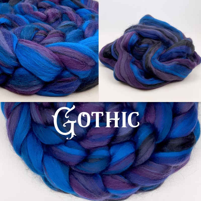 Signature Blend "Gothic' Merino & Bamboo 4Oz Combed Top Black, Blues, Navy, Purples; Hand Spinning Or Felting Roving Fiber; Ready To Ship