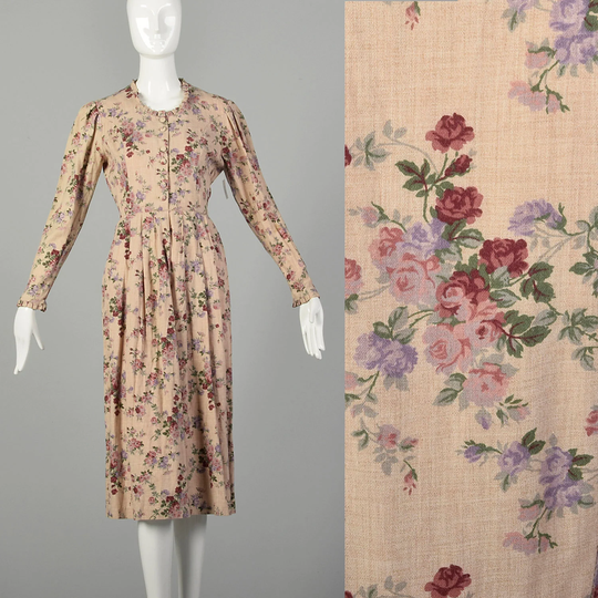 Medium 1990S Laura Ashley Dress Long Sleeve Floral Autumn Wool Cotton Blend