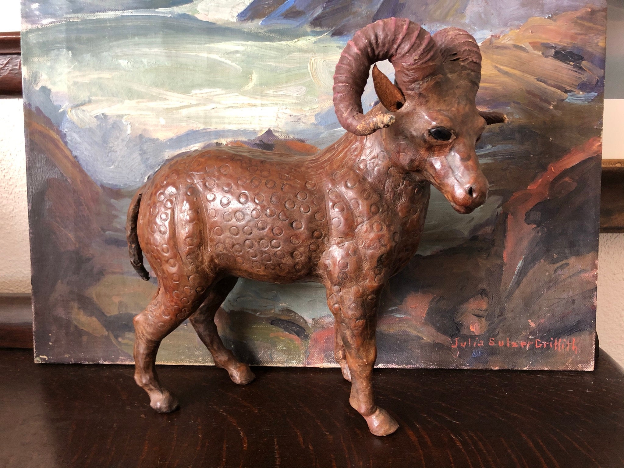 Vintage Mid Century Ram Figurine Italian Brown Leather Sculpture