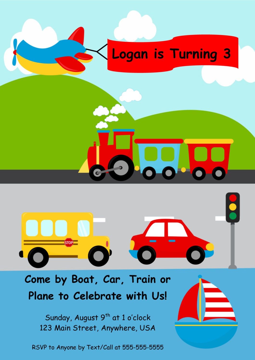 Transportation Themed/Vehicle Party Customizable Invitations - Sold in Lots Of 8