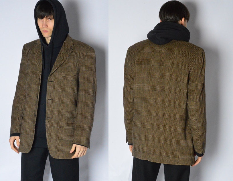 Y2K Vintage Brown Check Wool Blend Blazer Mens Minimal Formal Jacket Chest Size 46 In