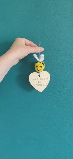Believe in Yourself Wooden Sign, Bumblebee Wall Plaque, Positive Quote Bee Gift For Her, Crochet Heart Hug