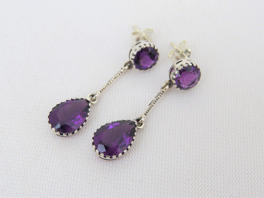Vintage Sterling Silver Round & Pear Cut Amethyst Dangle Drop Earrings
