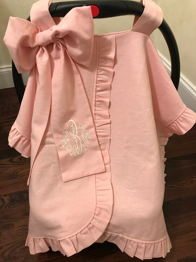 Blush Linen Blend Personalized Car Seat Canopy With Large Bow & Ruffle, Monogrammed Tent, Baby Shower Gift