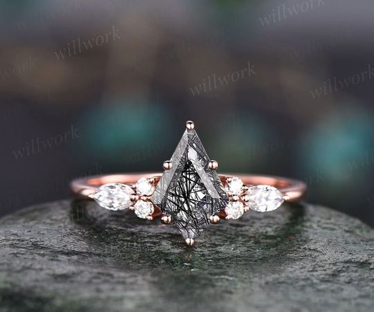 Kite Cut Black Rutilated Quartz Engagement Ring Rose Gold Silver 7 Stone Moissanite Art Deco Unique Vintage Promise Wedding Women