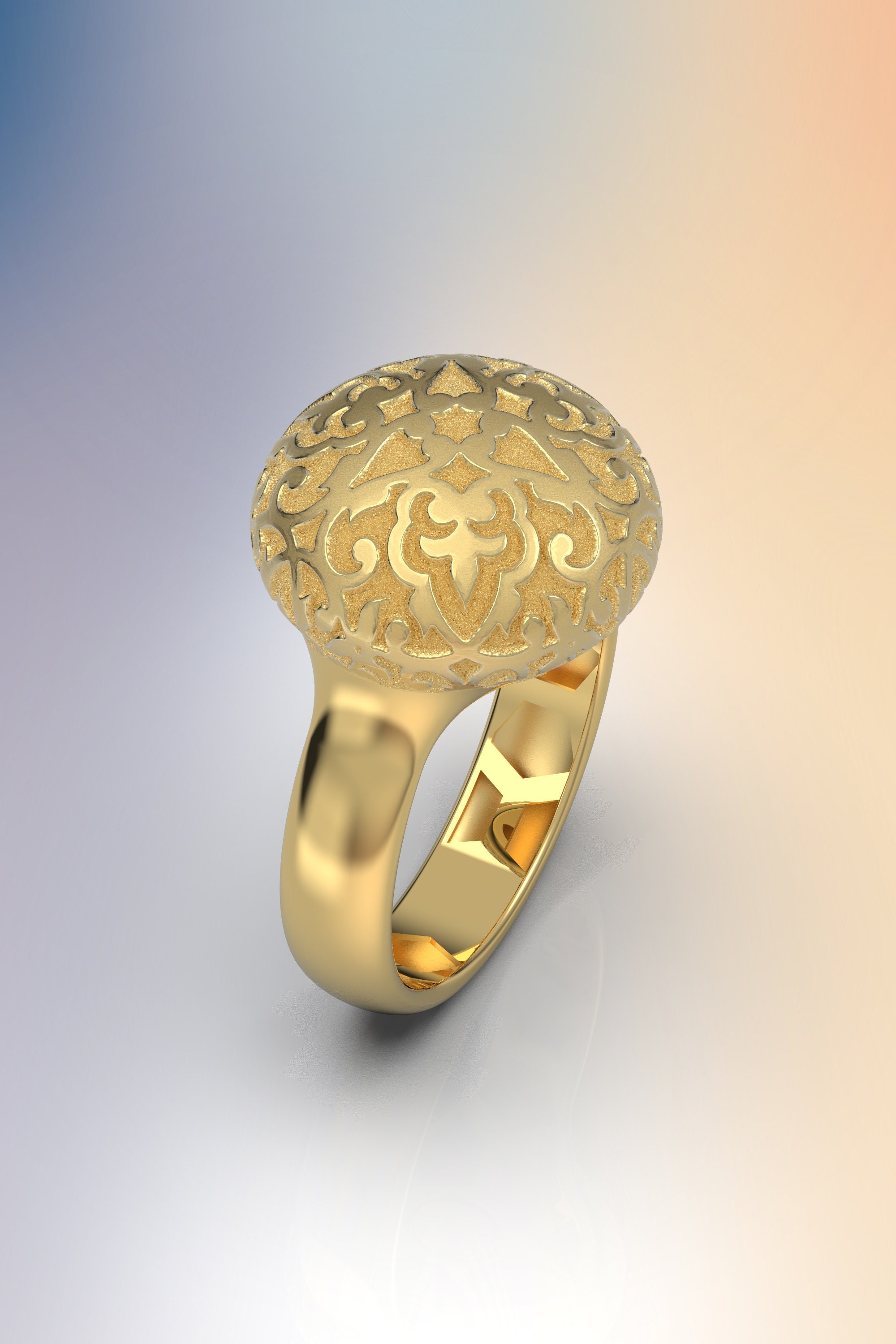 18K Solid Gold Dome Ring Made in Italy. 14K Or Statement Ring, Textured Italian Ring. Fine Jewelry