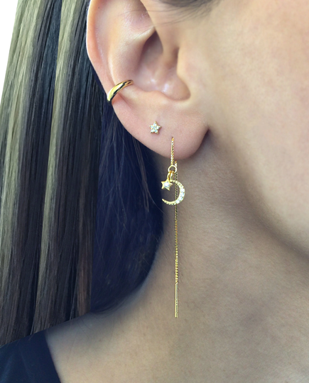 Moon & Star Threader Earrings, Sterling Silver Ear Threader, Threader Star