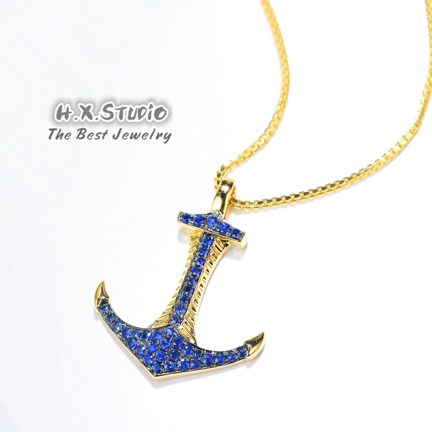 Sapphire Anchor Pendant Necklace in Solid 18K Gold/Sailor Jewelry/Custom Fine Jewelry/Personalization Design/Gift For Women & Girls