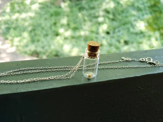 Mustard Seed Sterling Silver Chain Glass Bottle Charm Necklace