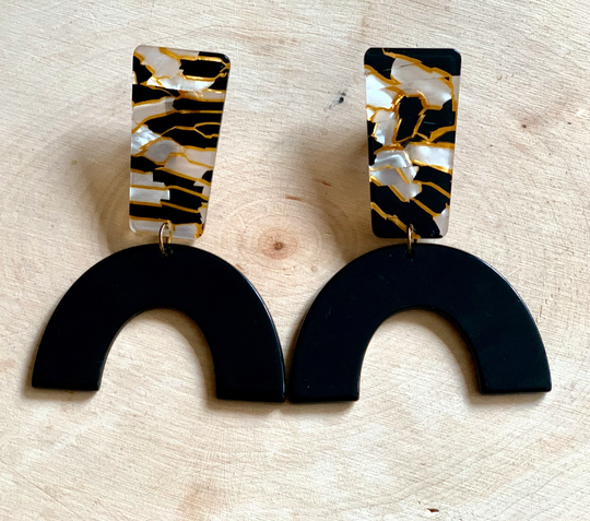 Acrylic Arch Earrings Mosaic Black Statement Elegant Jewelry Lightweight Geometric Shape Clip On Dangle Valentine's Day Gift Bestie