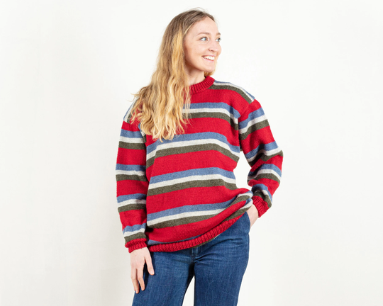 striped Knit Sweater Vintage 90S Wool Blend Pullover Ski Sweater Patterned Oversized Women Jumper Knitted Pulli Size Medium