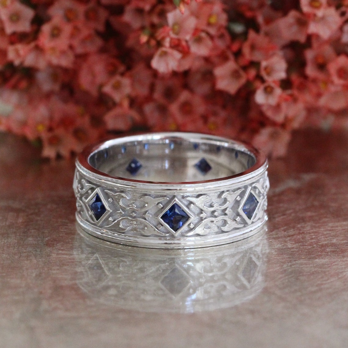 Celtic Wedding Band Princess Cut Sapphire Ring 14K White Gold 8mm Mens Knot | Other Metals & Stones Available