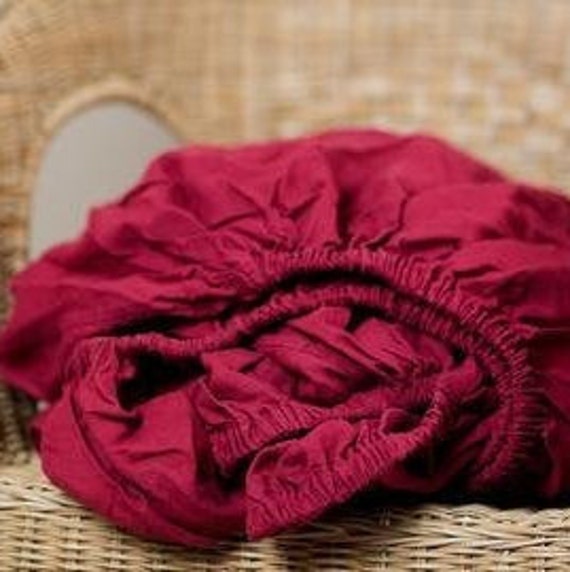 Custom Made Cherry Red Soft Cotton Fitted Sheet Set, Stonewashed Linen Bed
