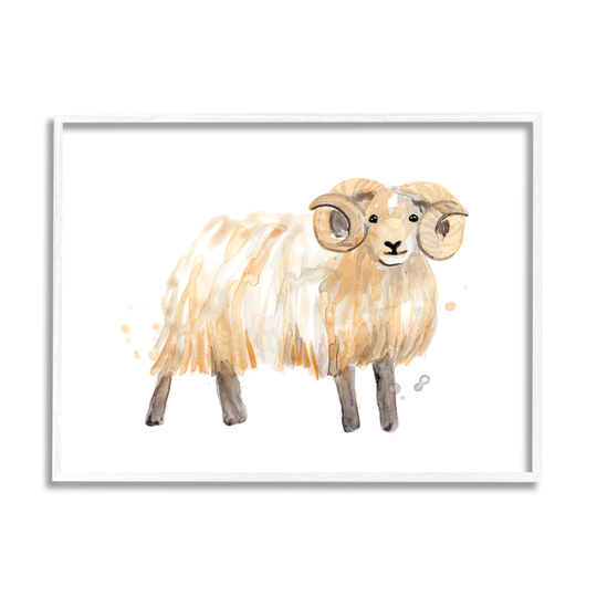 Stupell Industries Adorable Highland Ram Farmside Shaggy Fur Goat June Erica Vess Framed 30-in H x 24-in W Animals Print in Brown | AE-536-WFR-24X30