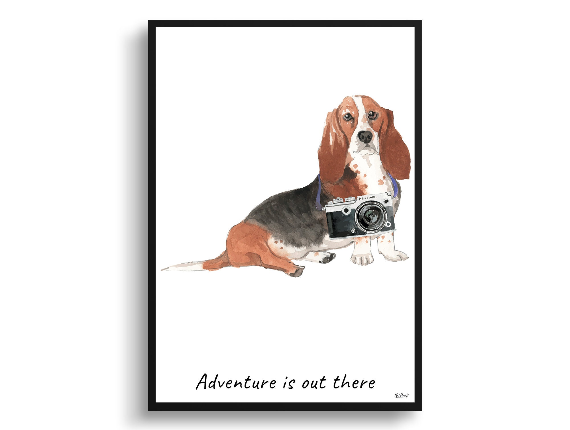Adventure Is Out There Basset Hound Dog Print Illustration. Framed & Un-Framed Wall Art Options. Personalised Name