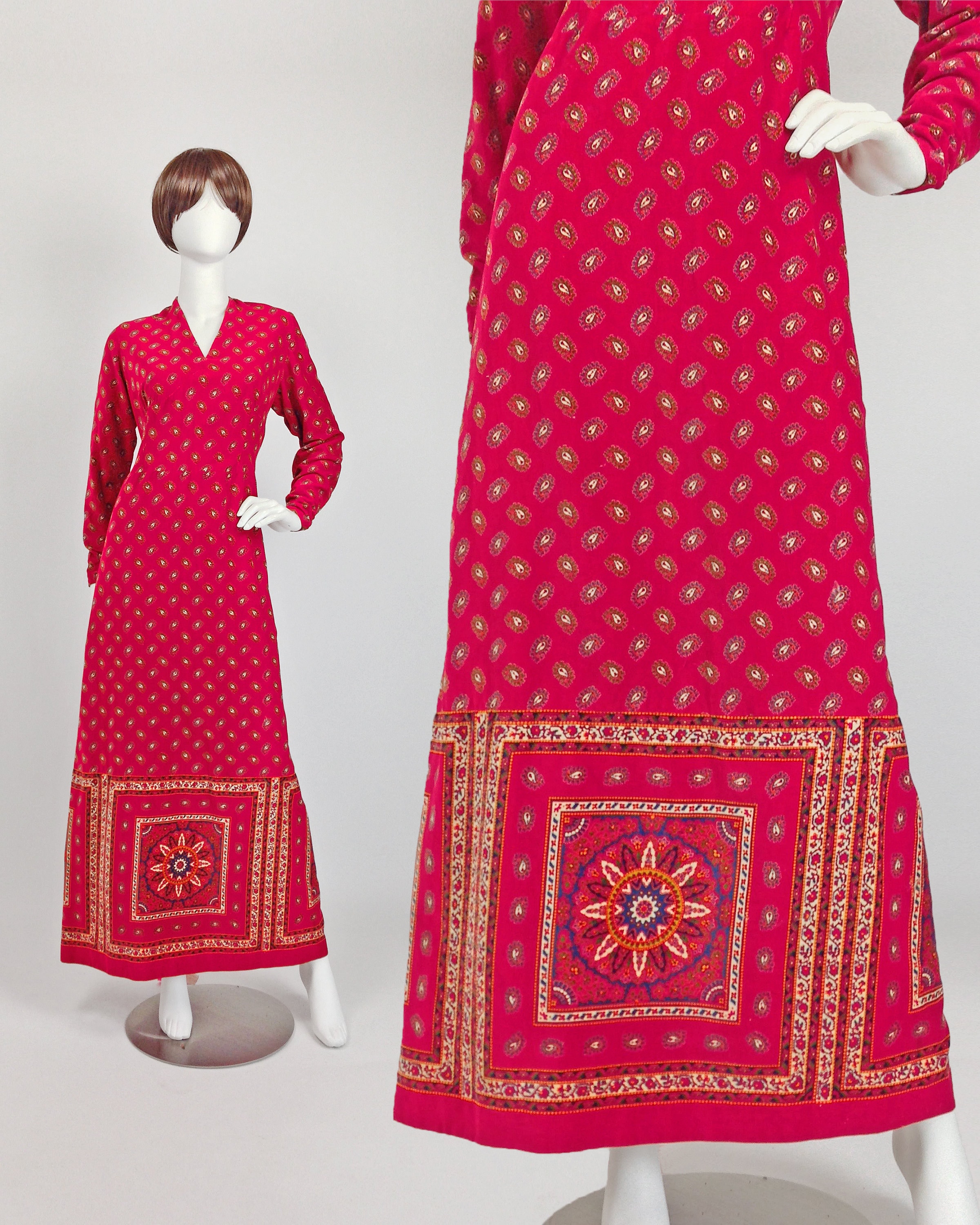 70S Maxi Dress, Boho Dress Long Sleeve, Paisley Vintage Bohemian Velvet Xl Size 16 Us, 20 Uk