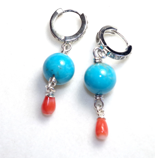 Old Stock Sleeping Beauty Sterling 11mm Round Turquoise Cz Hoops W Italian Red Coral Drops