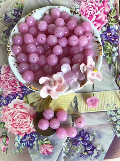 Vintage Baroque Pink Glass Beads, 8mm Rose Quartz Miriam Haskell Shabby Chic Glass #b223A