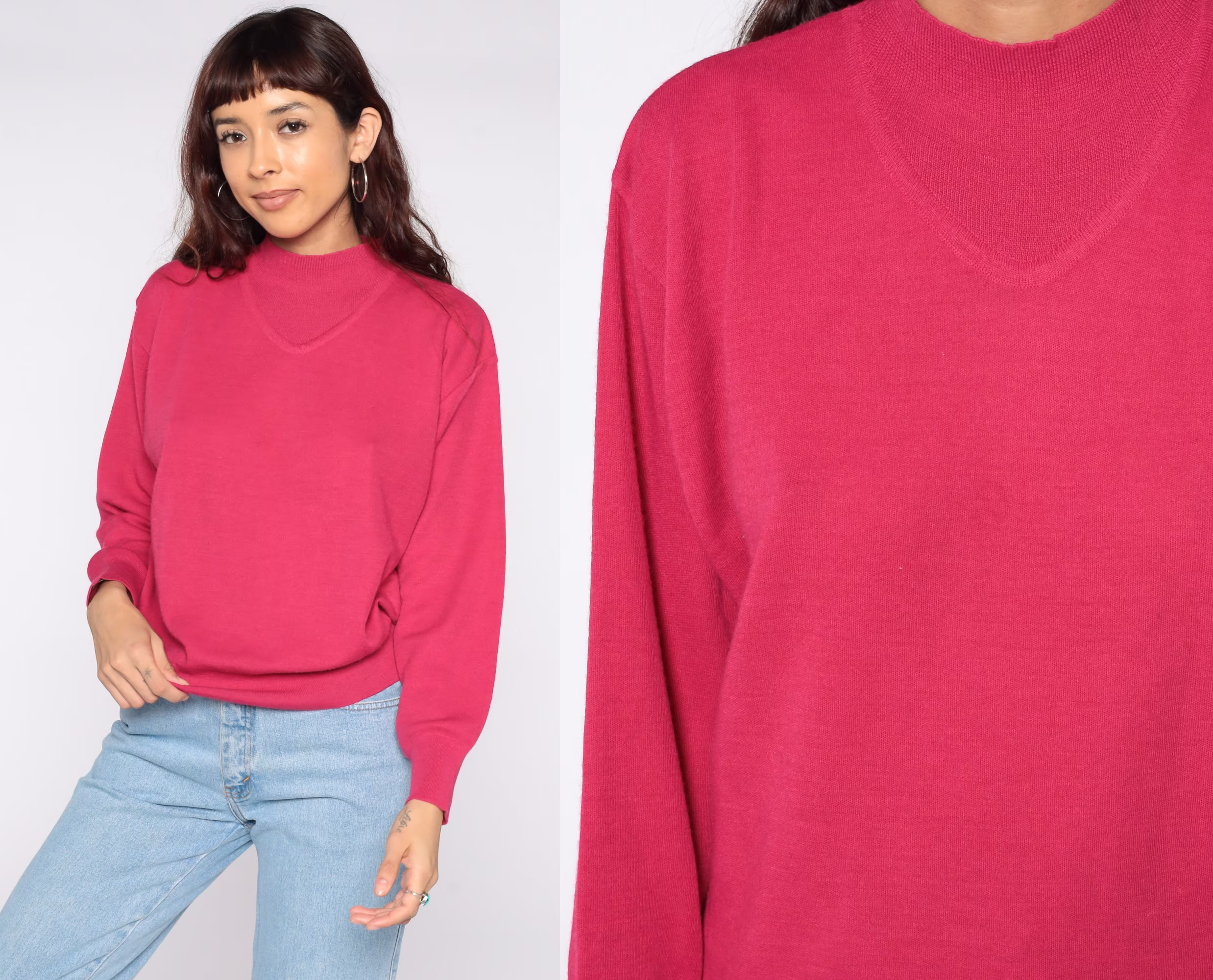 Deep Pink Wool Blend Sweater 80S Pullover Slouchy Plain Knit Vintage 1980S Preppy Jumper Medium Large