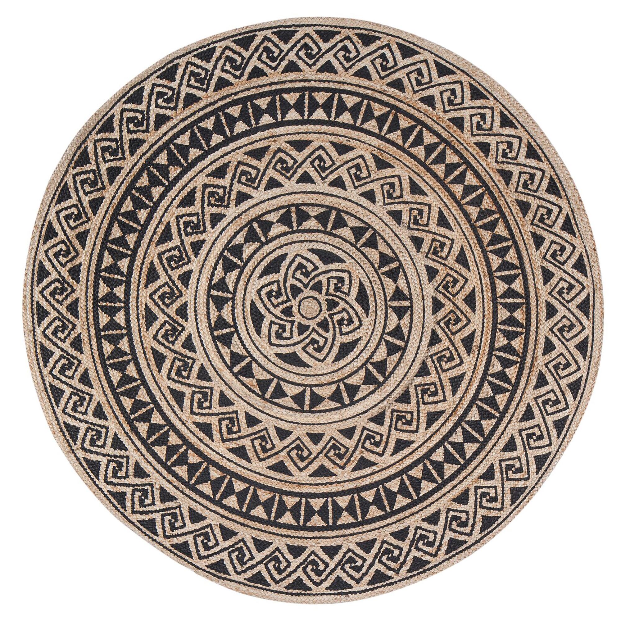Round Natural and Black Geo Jute Shanti Area Rug: Black/Natural - Natural Fiber - 8' Round by World Market
