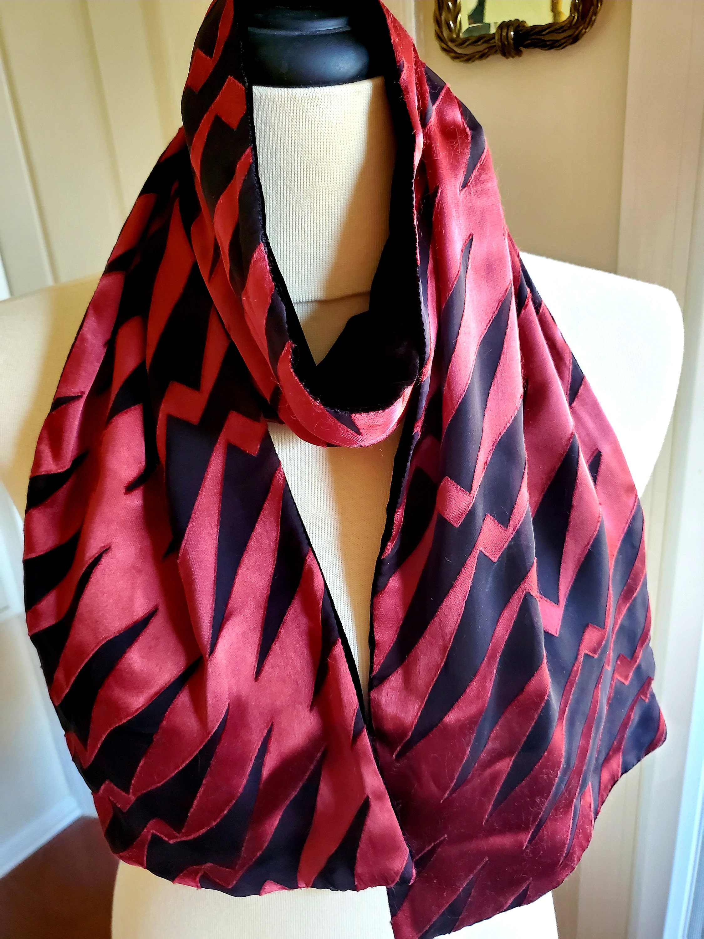 Silk Blend Scarf/8 X 60 Oblong Black & Rosewood Velvety Soft Beautiful Vintage"