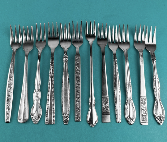 12 Mid Century Seafood Cocktail Forks - Vintage Retro Mix + Match Stainless Set