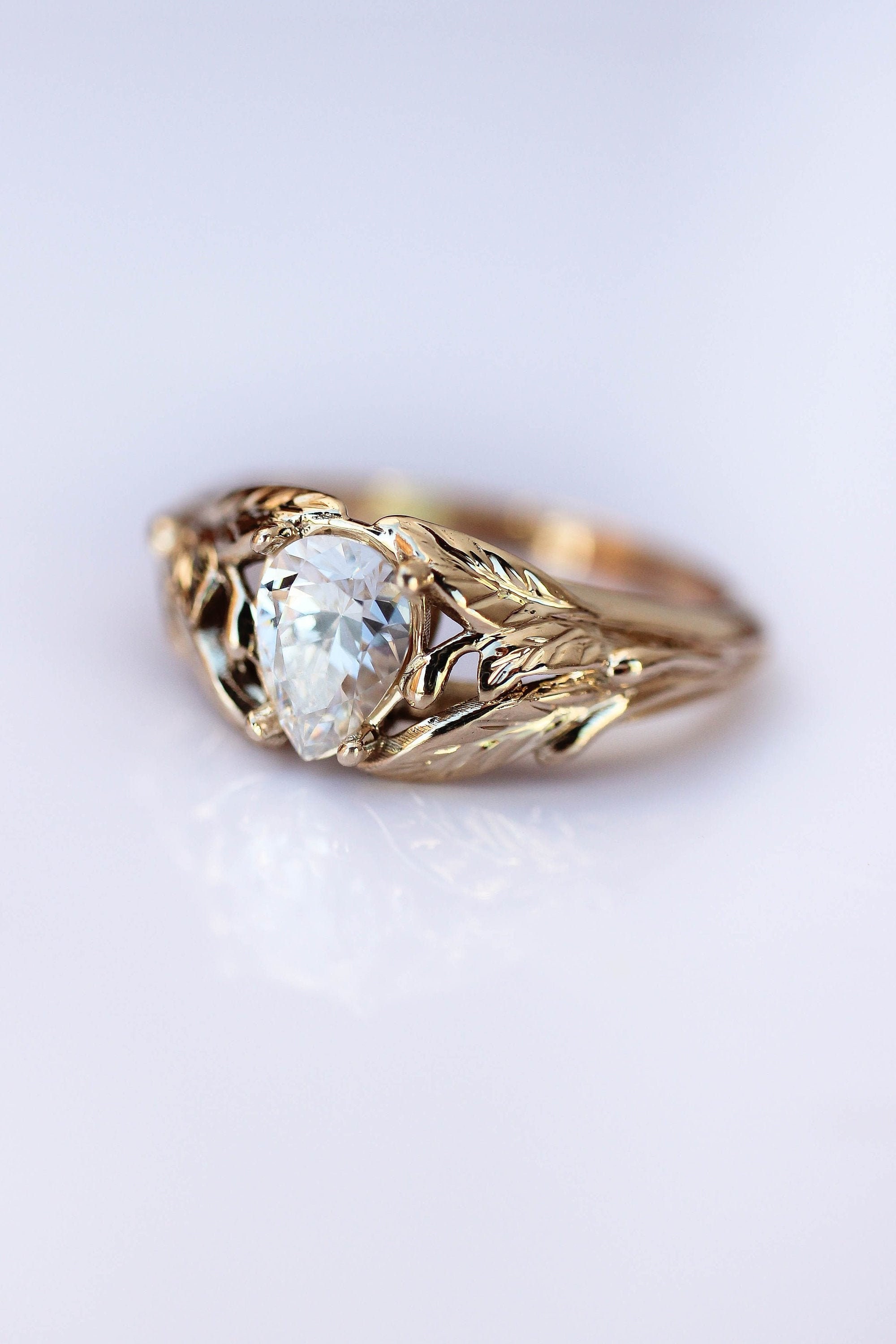 Moissanite Engagement Ring, Leaves Yellow Gold Ring For Woman, Unique Nature Fake Diamond Leaf Synthetic
